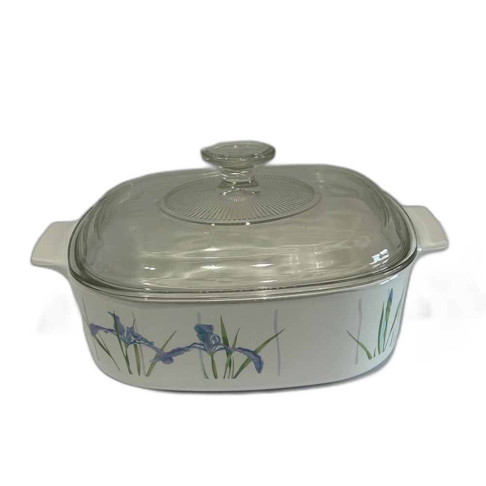 Corning Ware Casserole Dish Shadow Iris Pattern 2.0 liter White Purple Green USA